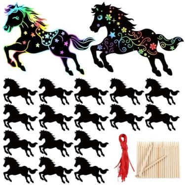 Imagem de TecUnite 48 peças 2026 ano novo chinês artesanato cavalo papel raspar ano novo lunar artesanato cavalo arco-íris DIY papel de raspar com caneta de madeira, fitas vermelhas, presentes para cavalos