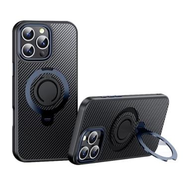 Imagem de FWYANZH Capa para iPhone 16E, suporte de anel magnético, capa de proteção de telefone com padrão de fibra de carbono fina à prova de choque, azul, 16E