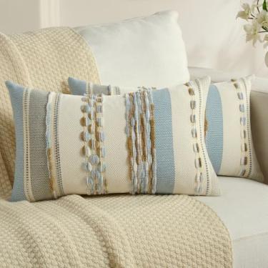 Imagem de FUTEI Conjunto de 2 capas de almofada decorativas azul marrom 30,5 x 50,8 cm, fronha com detalhes texturizados listrados macios e texturizados, travesseiros boho para decoração de sofá