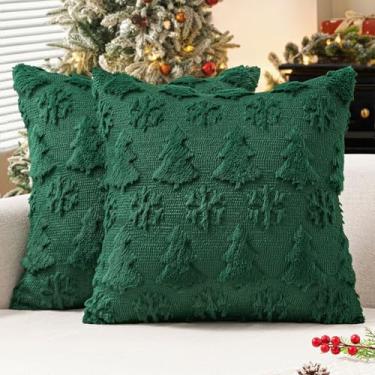 Imagem de MIULEE Capas de almofada decorativas para árvore de Natal e flocos de neve, 40,6 x 40,6 cm, conjunto de 2 fronhas de lã sintética verde-escuro, decoração de casa, decoração de casa para sofá, cama