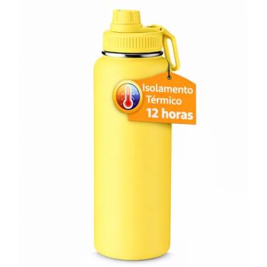 Imagem de Garrafa Térmica de Água 1 Litro Inox, Isolamento a Vácuo, Alça e Tampa Antivazamento (Amarela)
