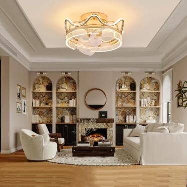 Imagem de Ventilador de teto silencioso, equipado com iluminação, controle remoto com regulagem ilimitada de intensidade, ventilador de teto dourado com oscilação de 360° e cristais embutidos para sal