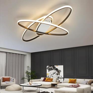 Imagem de Luminária de teto minimalista elíptica com LED dimerizável para sala de estar, quarto e escritório, com controle remoto, em acrílico moderno (preta, 74 cm).