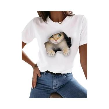 Imagem de Camiseta Feminina Casual De Manga Curta Com Estampa De Gato Fofa Estil