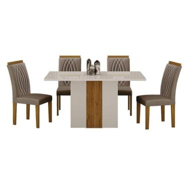Imagem de Mesa De Jantar Doha 120x80 Reto Off White Decor Off Com 4 Cadeiras Freijó Joli Camurça – Leifer Móveis