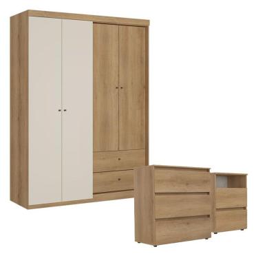 Imagem de Guarda Roupa Solteiro Star 4 Portas Capuccino Off White Com Cômoda Gaveteiro E Mesa De Cabeceira Condessa Capuccino- Thb