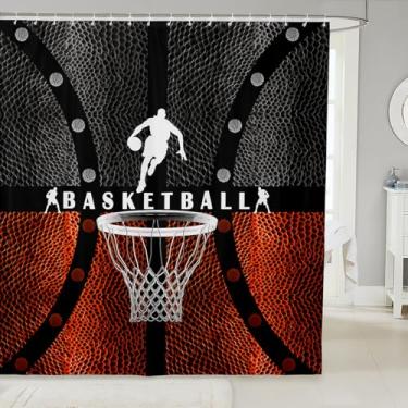 Imagem de Cortinas de chuveiro para crianças, quadra de basquete, remendo geométrico, cortinas de banheiro para meninos e meninas, adultos, esportes com bola, laranja, preto, brilhante, impermeável, cortinas
