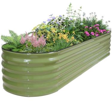 Imagem de BIRDSINYARD Canteiro de jardim elevado galvanizado – 2 × 2 × 1,12 m canteiros elevados para jardinagem | Caixa oval de metal para jardim com bordas de segurança e luvas para vegetais, frutas e flores