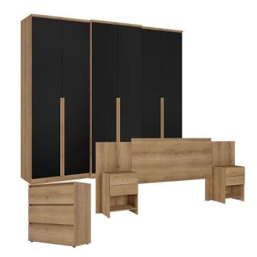 Imagem de Guarda Roupa Casal Valência 6 Portas Capuccino Preto Com Cômoda Gaveteiro Condessa E Cabeceira Formosa Capuccino - Thb