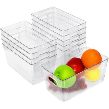 Imagem de 10 caixas de armazenamento de plástico transparente, caixas organizadoras de despensa com alças recipientes de armazenamento empilháveis para cozinha, freezer, armário, banheiro, embaixo da pia