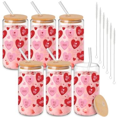 Imagem de Willinglong 6 peças de copos de vidro de dia dos namorados com tampas Canudos de 40 ml copos de bebida de corações rosa copo doce lata gelada em forma de amor copos de café para namorados frascos para