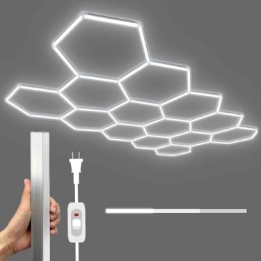 Imagem de cezelux Luzes De Garagem Led Hexagonais Reguláveis, 3 Níveis, 57 Pacotes, 456 W, 14 Luzes Led Hexagonais Em Formato De Favo De Mel Para Garagem, Academia, Porão, Armazém, Loja De Beleza, Salão De Be