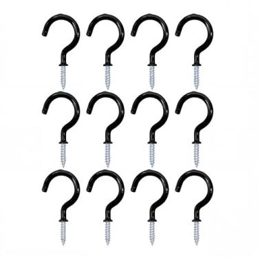 Imagem de Pacote com 12 ganchos de rosca revestidos de vinil preto, ganchos de copo e caneca de 3,5 cm para parede, teto, cozinha, uso interno e externo - Carga resistente de 9 kg