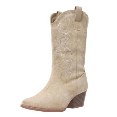 Imagem de Bplangat Botas de cowboy para mulheres, cowgirl, meio da panturrilha, estilo ocidental, bordadas, salto grosso, botas modernas, tamanho 34-42, Bege, 38