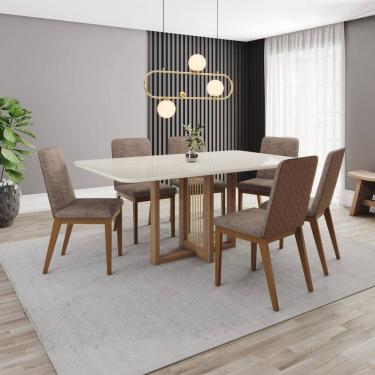 Imagem de Conjunto Mesa Natalí 160cm com Vidro 06 Cadeiras Pietra Marrom/ Off White/ Caramelo/ Cacao