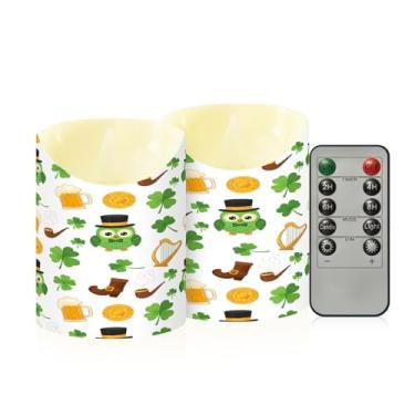 Imagem de Wassud Pacote com 2 velas sem chama de corujas verdes do dia de São Patrício com controle remoto, velas realistas cintilantes com temporizador, velas decorativas para Natal, casamento, festa