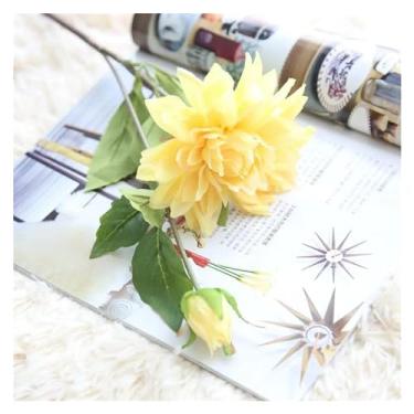 Imagem de Flores falsas simulação artificial de flores DIY buquê de flores de seda dália arranjo de flores casamento dália rosa casa festa decoração de mesa de casamento (amarelo)