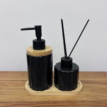 Imagem de Kit Banheiro Premium 3 Peças Saboneteira + Difusor + Bandeja em Porcelana Luxo Preto e Branco – Lavabo e Banheiro(Preto Ondas)