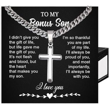 Imagem de Colar de cruz de filho bônus, pingente de joias cristãs para enteado, presente do pai, madrasta ou padrasto, presentes de aniversário de formatura de Natal para filho bônus, Aço inoxidável, Sem Pedra