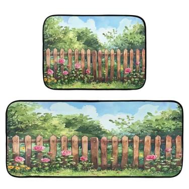 Imagem de xigua Conjunto de 2 peças de tapetes e tapetes de cozinha de rosas e árvores absorventes macios para o chão, tapete de cozinha, antiderrapante, conjunto de capachos, 50 x 120 cm + 50 x 70 cm