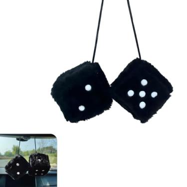 Imagem de Icyfond Par de dados difusos para espelho de carro, dados pretos decorativos quadrados de 7,6 cm com pontos brancos, ornamentos para pendurar dados de pelúcia, acessórios decorativos de espelho