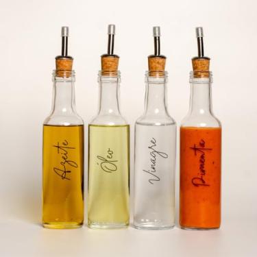 Imagem de Galheteiro de Vidro 250ml com Bico Dosador e Tampa de Cortiça para Azeite, Óleo, Vinagre e Molhos | Porta Temperos para Cozinha e Uso Diário (Azeite, Vinagre, Piment e Óleo)