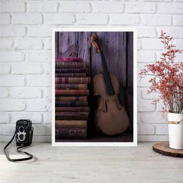 Imagem de Quadro Decorativo Violino Com Livros 33X24Cm Moldura Branca