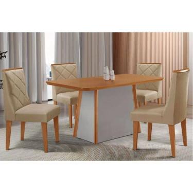 Imagem de Conjunto Sala de Jantar Tilia c/ Tampo Madeirado Canto Curvo 120x80cm e 4 Cadeiras Pietá Madeira Maciça Naturale/Off White - Capuccino/Linho Bege-Rufa