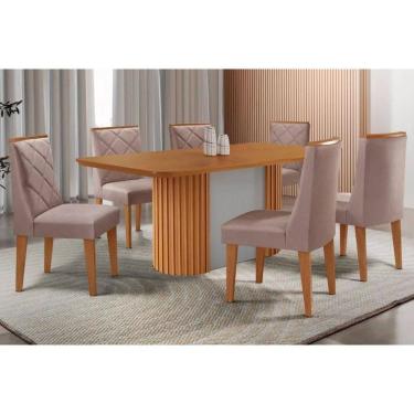 Imagem de Conjunto Sala de Jantar Pilar c/ Tampo Madeirado Canto Curvo 180x90cm e 6 Cadeiras Pietá Madeira Maciça Naturale/Off White - Capuccino/Linho Capuccino