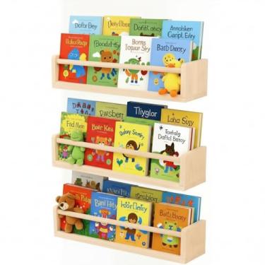 Imagem de Esonal Prateleiras flutuantes de madeira natural para berçário, conjunto de 3 prateleiras infantis montadas na parede e organizador de brinquedos – Prateleiras de livros de exibição de pinho rústico