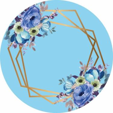 Imagem de Painel de Lona Redondo Flores Azul e Geometricos Dourados - Fabrika De