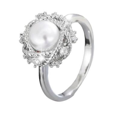 Imagem de Anel Elegante Feminino Com Pérola Imitada E Zircônia Para Festas E Cas