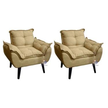 Imagem de Kit 02 Poltrona/cadeira Decorativa Glamour Palha Linho com Pés Quadrad