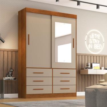 Imagem de Guarda Roupa Solteiro Star 2 Portas de Correr 6 Gavetas MDP-MDF com Espelho Cinamomo com Off White Sallêto Móveis