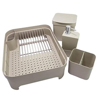 Imagem de Kit Pia Cozinha Escorredor De Louça E Talheres Lixeira 4,7l Bege