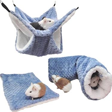 Imagem de SEIS Conjunto de 3 peças de rede de hamster de pelúcia para pendurar gaiola de açúcar conjunto de acessórios de rede de animais pequenos para cobaias ratos gerbil esquilo pássaros papagaio (azul)