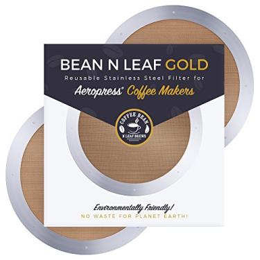 Imagem de Filtro Premium de 2 pacotes para cafeteiras AeroPress. Adapta-se a todos os modelos AeroPress. Metal de aço inoxidável reutilizável, durável e lavável. GOLD by Coffee Bean n Leaf Brews
