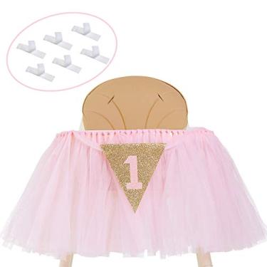 Imagem de Banner de Tutu de Cadeira Alta Decoração para Meninas de 1° Aniversário Nº1 - Decorações de Bolo Smash 1° Aniversário para Meninas - Banner de Primeiro Aniversário de Cadeira de Cadeira em Tema de Princesa Rosa Bebê e Ouro