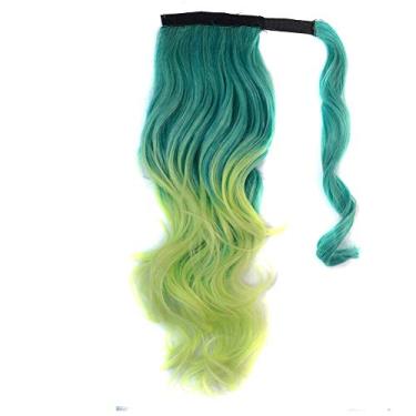 Imagem de Cabelo Cosplay colorido rabo de cavalo extensão de cabelo corpo ondulado falso clipe de uma peça em urdidura em torno de rabo de cavalo verde escuro/verde