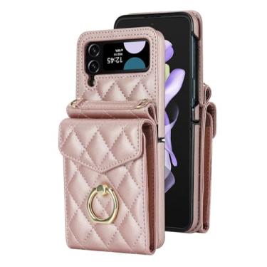 Imagem de Para Samsung Galaxy Z Flip 5 4 3 Flip5 Flip4 Flip3 5G Crossbody Case Anel Bloqueio Organ Card Holder Cordão Capa de Couro, Rosa, Para Galaxy Z Flip4