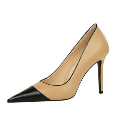 Imagem de Sapatos femininos de 10 cm bico fino salto alto stiletto bloco de cores slip on clássico escritório conforto vestido de noiva sapatos de casamento, Caqui, 6.5