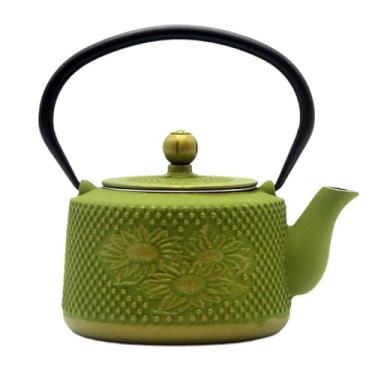 Imagem de Bule de chá de ferro fundido com padrão de girassol, chaleira SECHUDO revestida com interior esmaltado para chá solto, bule de ferro fundido com infusor de aço inoxidável para fogão seguro (813 g