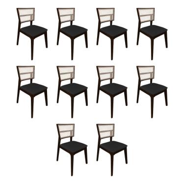Imagem de Kit 10 Cadeiras de Jantar Manuela em Tela Assento Veludo Preto Base em Madeira Maciça - Castanho