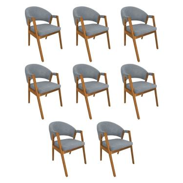 Imagem de Kit 8 Cadeiras de Jantar Madeira Maciça Cerejeira Premium Helen Linho Cinza