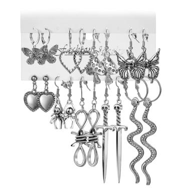 Imagem de Conjunto de brincos góticos, brincos de metal punk gótico, vintage, prata, cobra, aranha, borboleta, punhal, pingente, para mulheres, grunge Y2K, pacote de joias emo, acessórios de festa para fantasia
