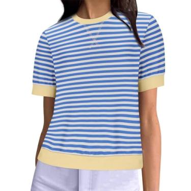 Imagem de Camisetas femininas listradas estampadas de verão manga curta gola redonda túnica casual solta básica leve blusas modernas, Azul, GG
