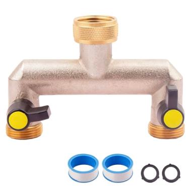 Imagem de Divisor de mangueira de jardim de latão, desviador de torneira de 2 vias com 2 alças de extensão, banhado a níquel resistente, entrada fêmea GHT3/10.2 cm e saída macho de 3/10.2 cm, divisor de