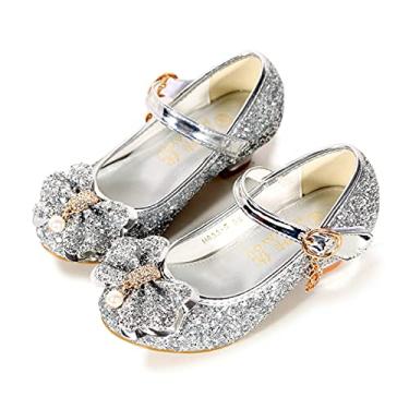 Imagem de Sapatilhas femininas BFOEL adoráveis com brilho Mary Jane para festa de casamento, Prata, 9 Toddler