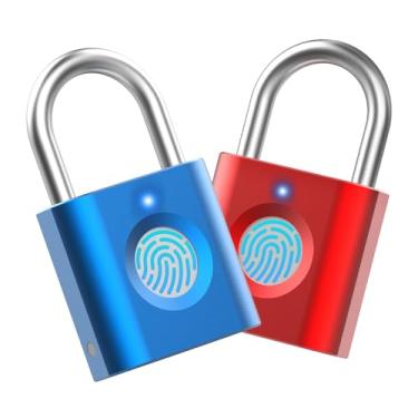 Imagem de Cadeado inteligente de cadeado: pacote com 2 azul e vermelho - Mini cadeado de impressão digital eLinkSmart cadeado de academia com metal colorido 20 impressões digitais sem chave serve para bolsa