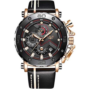 Imagem de LIGE Relógio Masculino à Prova D'água, Esportivo, Cronógrafo, Casual, Moderno, Analógico, Quartzo, Relógio de Luxo de Couro Militar com Mostrador Grande, Ouro Rosa, Preto